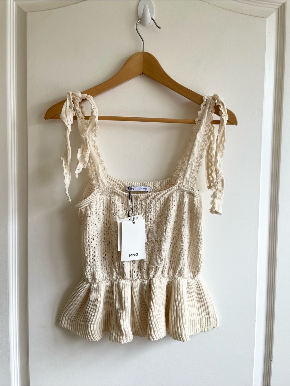 Womens Prairie Tie Shoulder Top Ruffle Crochet Knit Sz S MANGO Boho Fairy
